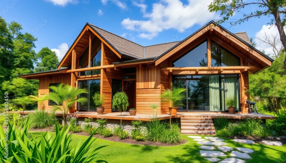 Luxury Wooden Home with Lush Garden and Clear Blue Sky in Sunny Weather Luxury Wooden Home with Lush Garden and Clear Blue Sky in Sunny Weather