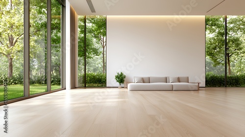 Modern Minimalist Interior Living Room with Large Windows and Natural Light