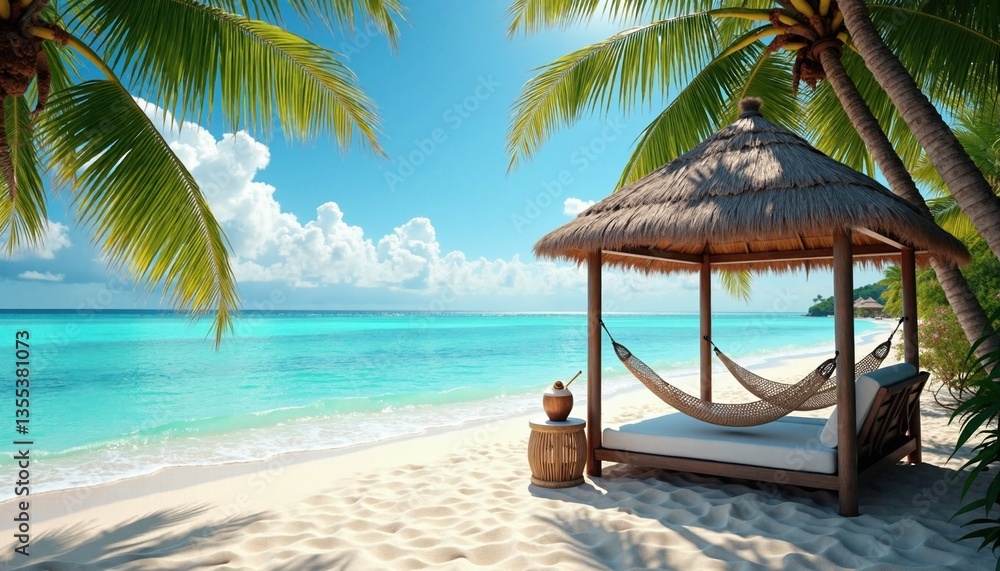 Obraz premium A tropical beach scene with white sand, turquoise water, and palm trees. A hammock hangs between two palm trees, and a thatched-roof cabana sits on the sand. The overall tone of the image is peaceful 