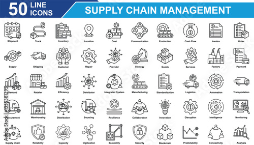 Supply Chain Management Icon Set Collection. Containing Shipment, Track, Inventory, Distribution, Cost, Communication, Production, Cash Flow, Supply, Logistics. Simple Line Vector Illustration.