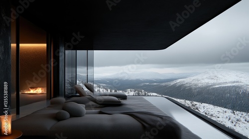 Modern minimalist mountain chalet with panoramic views.  Relaxing outdoor living space