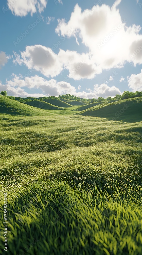 Fototapeta premium A serene landscape with rolling green hills under a bright sky filled with fluffy clouds.