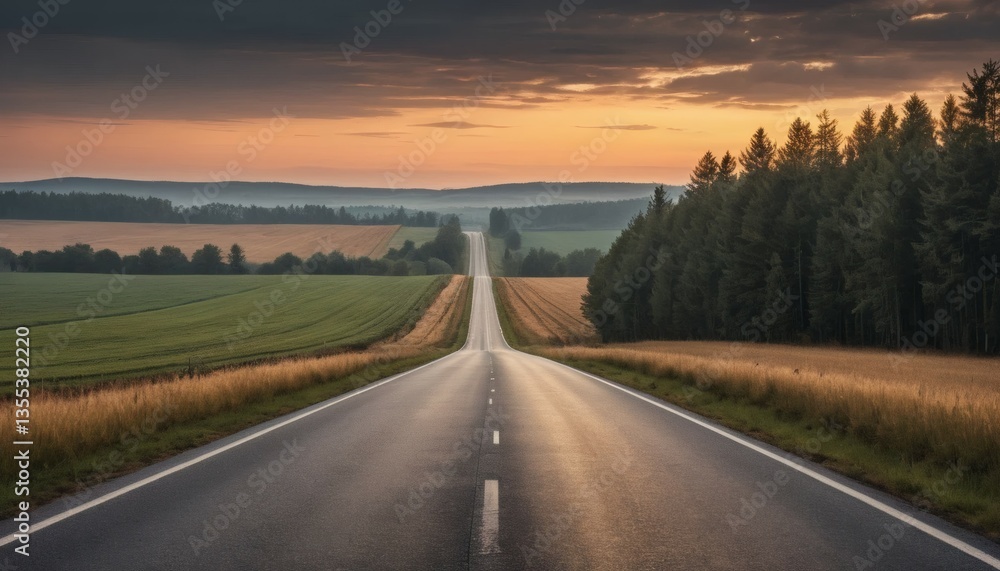 Long Straight Road Through Fields and Forest at Sunset with Warm Tones Long Straight Road Through Fields and Forest at Sunset with Warm Tones