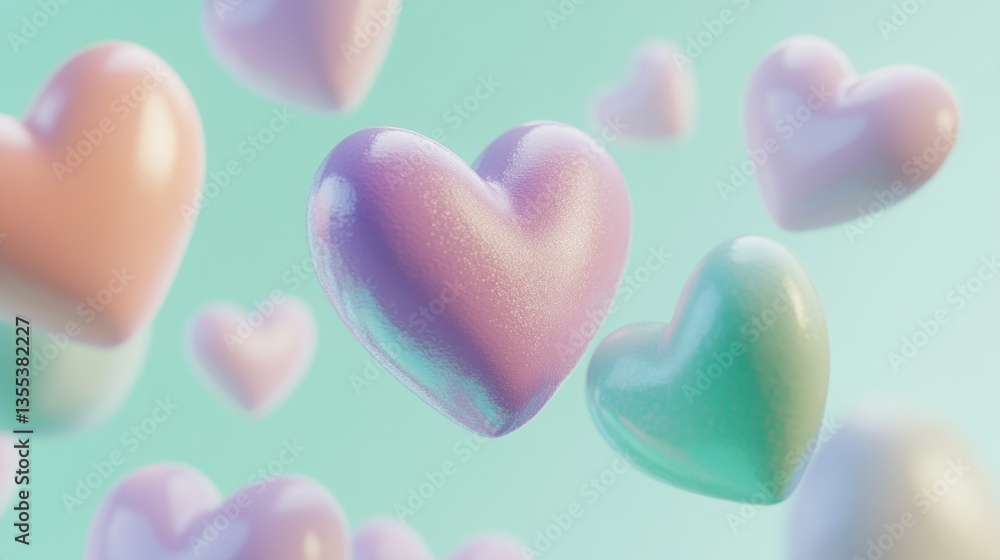 Obraz premium Pastel Hearts Floating in a Dreamy Sky Romantic and Whimsical Design Elements for Love Romanc