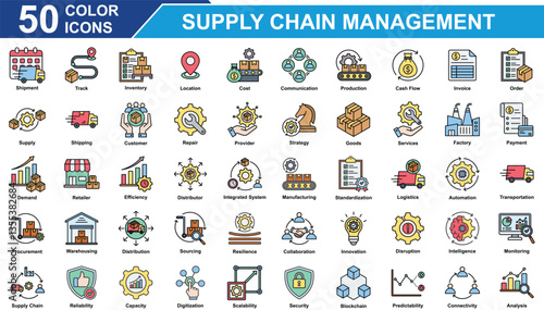 Supply Chain Management Icon Set Collection. Containing Shipment, Track, Inventory, Distribution, Cost, Communication, Production, Cash Flow, Supply, Logistics. Simple Color Vector Illustration.