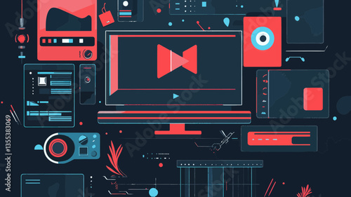 Futuristic Media Streaming Concept with Digital Devices and Interfaces Vector Illustration for Technology and Communication