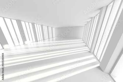 Abstract minimalist white interior with dramatic light and shadows for modern design concepts. 3d render