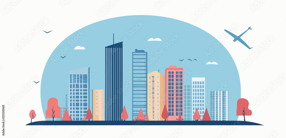 Obraz premium Modern Urban Cityscape Vector Illustration with Skyscrapers and Tall Buildings, Ideal for Architecture and Urban Design Concepts, Blue and Red Color Scheme, Future Urban Development