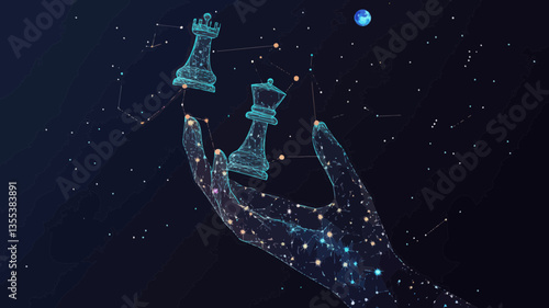 Hand Holding Chess Pawns in Starry Sky Vector, Symbolizing Strategy and Universe, Abstract Space-Themed Business Concept, Minimalist Digital Art