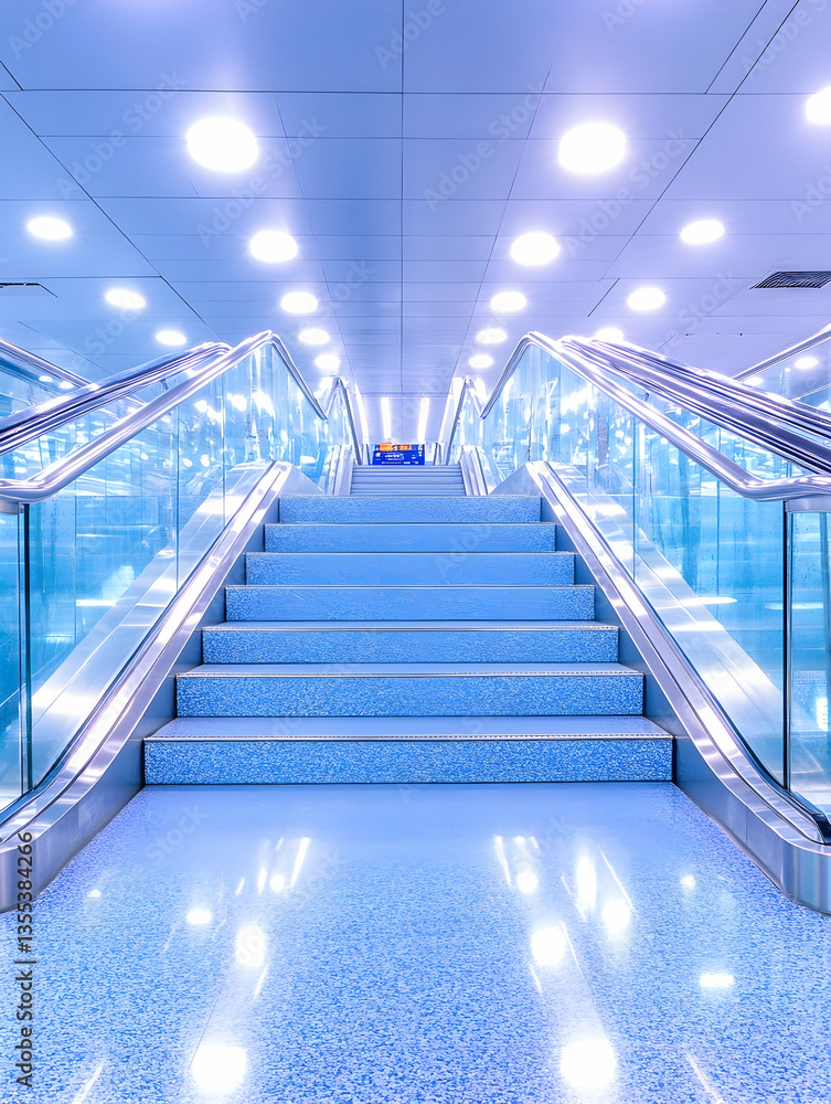 Fototapeta premium Blue escalator ascending in modern building interior