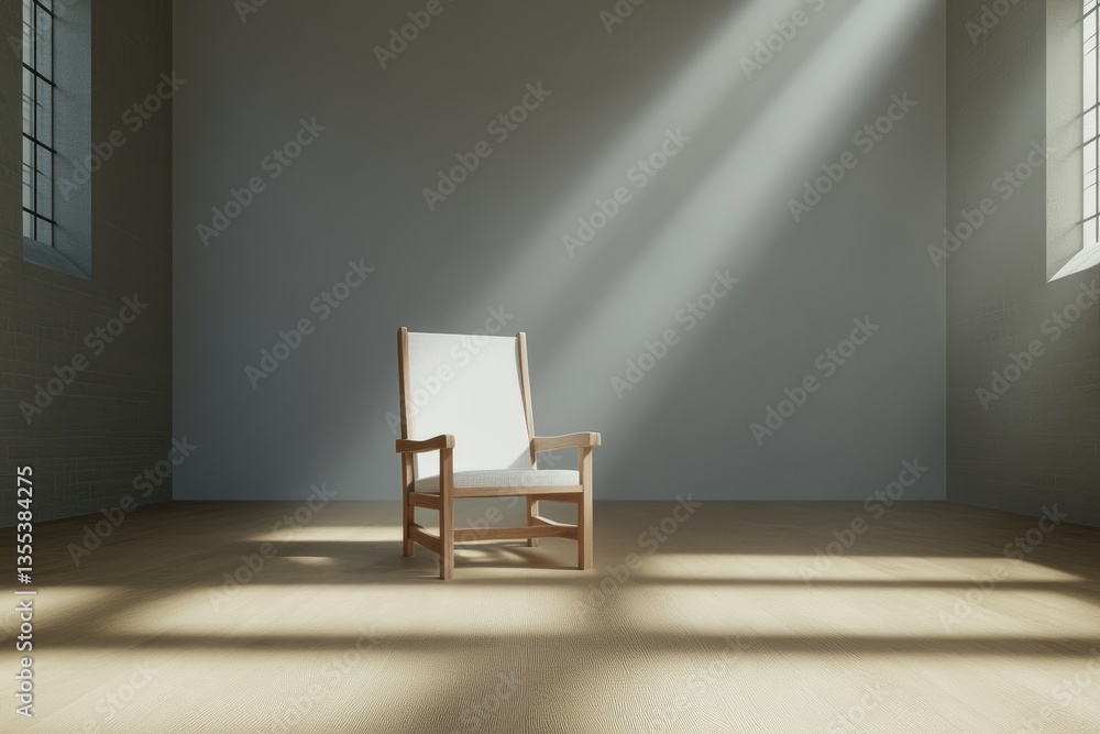 Empty room with a single light wood chair. Sunlight streams through windows Empty room with a single light wood chair. Sunlight streams through windows