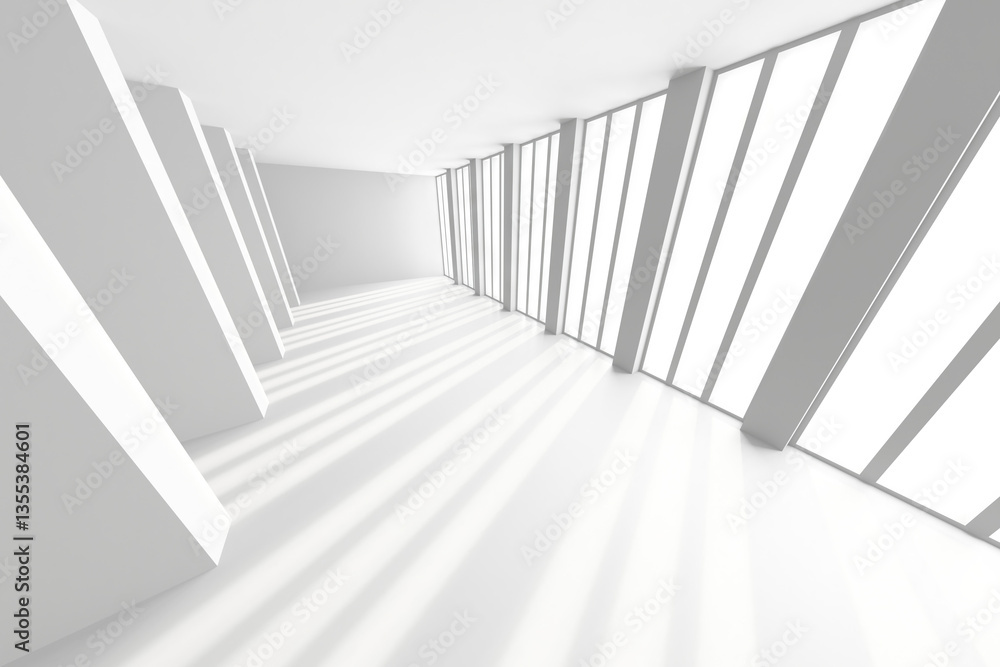 Fototapeta premium Futuristic minimalistic architecture with geometric shadows in a sunlit interior design. 3d render