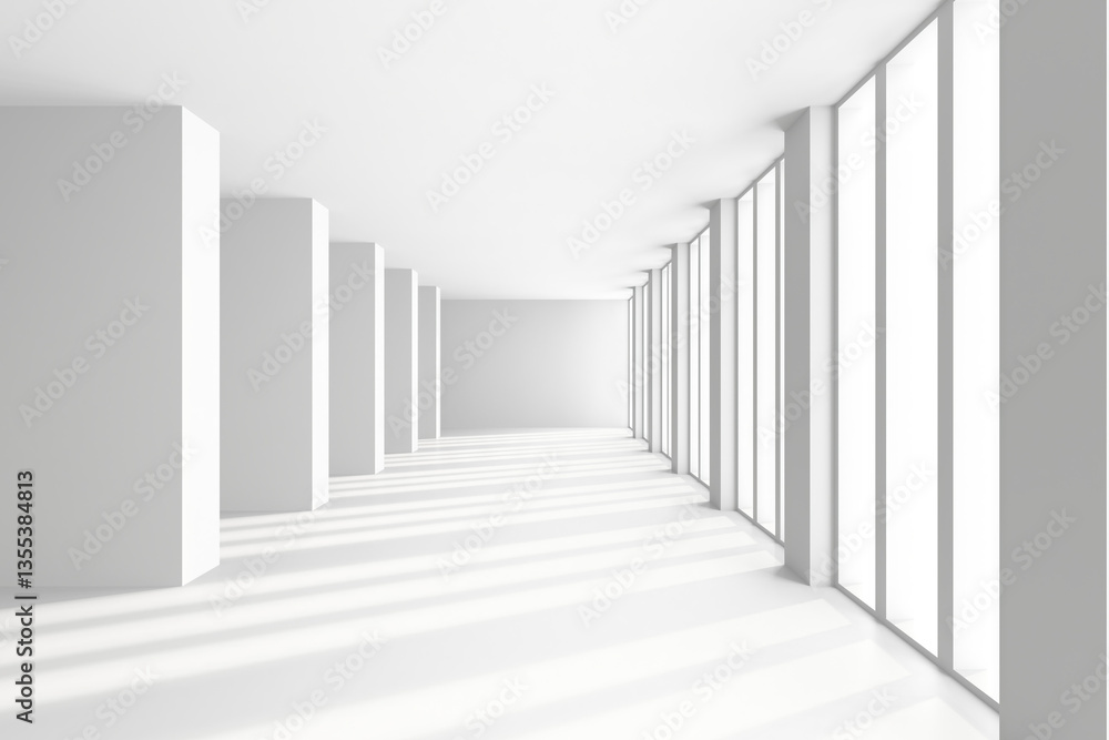 Fototapeta premium Modern minimalist interior with sunlit windows and geometric columns. 3d render