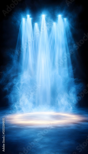 Blue spotlights illuminate smoky stage