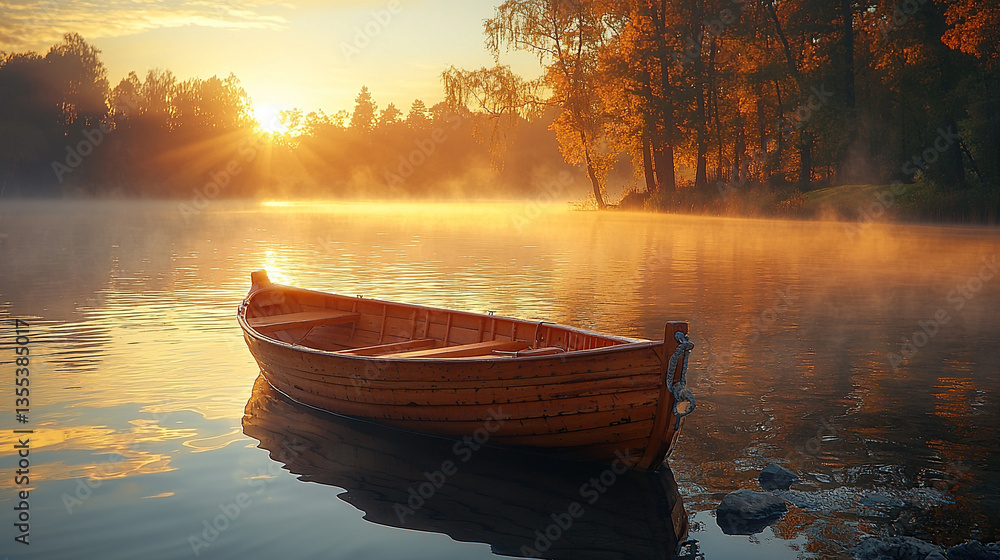 Fototapeta premium A tranquil wooden boat floats on a misty lake as the golden sunrise lights up the autumn trees.