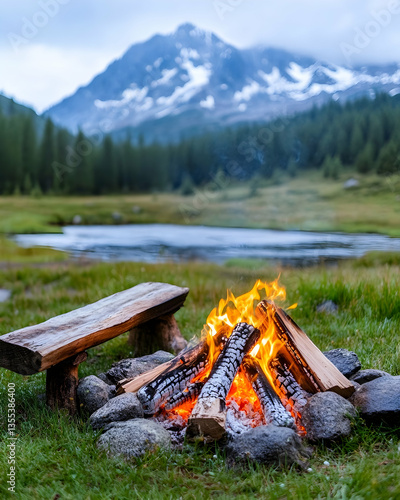 Campfire beside mountain lake at dusk, relaxing scene