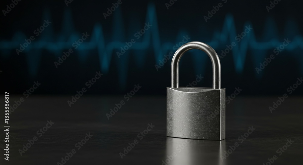 Fototapeta premium A metallic padlock embedded in a glowing blue microchip, symbolizing data protection and cybersecurity. Intricate circuit lines radiate outward, representing the flow of digital information