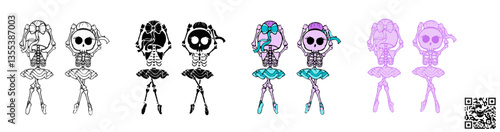Vector illustration of a Skeleton Ballerina dancing a classical ballet dance, a cute SVG graphic ideal for sublimation print-on-demand (POD) products during the Halloween season.