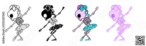 Vector illustration of a Skeleton Ballerina dancing a classical ballet dance, a cute SVG graphic ideal for sublimation print-on-demand (POD) products during the Halloween season.