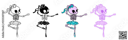 Vector illustration of a Skeleton Ballerina dancing a classical ballet dance, a cute SVG graphic ideal for sublimation print-on-demand (POD) products during the Halloween season.