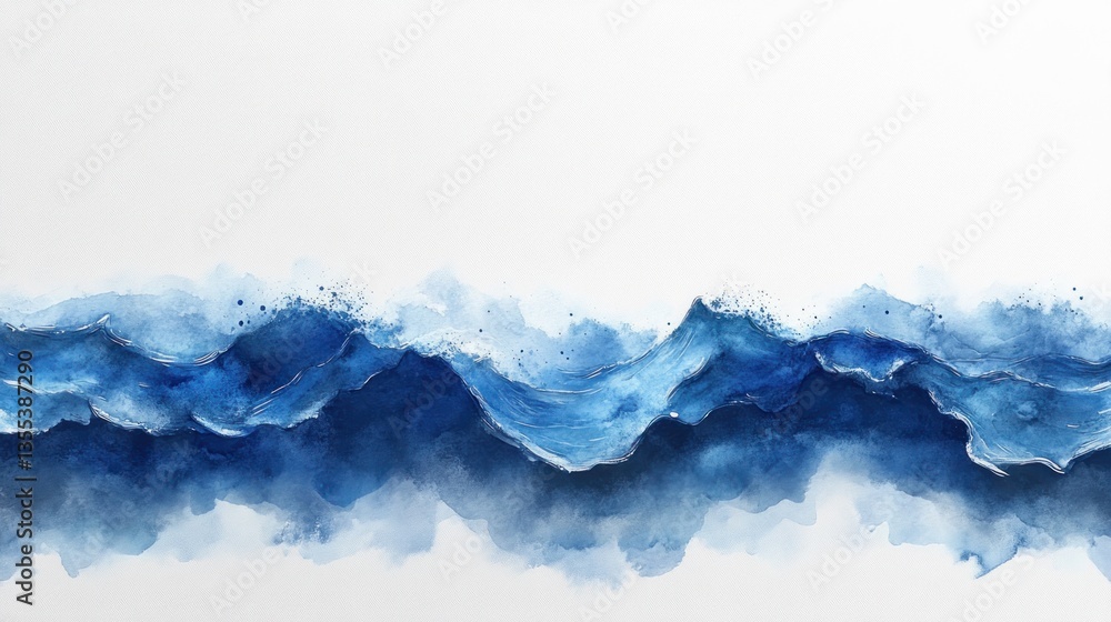Fototapeta premium Blue watercolor ocean waves with gold accents on white background