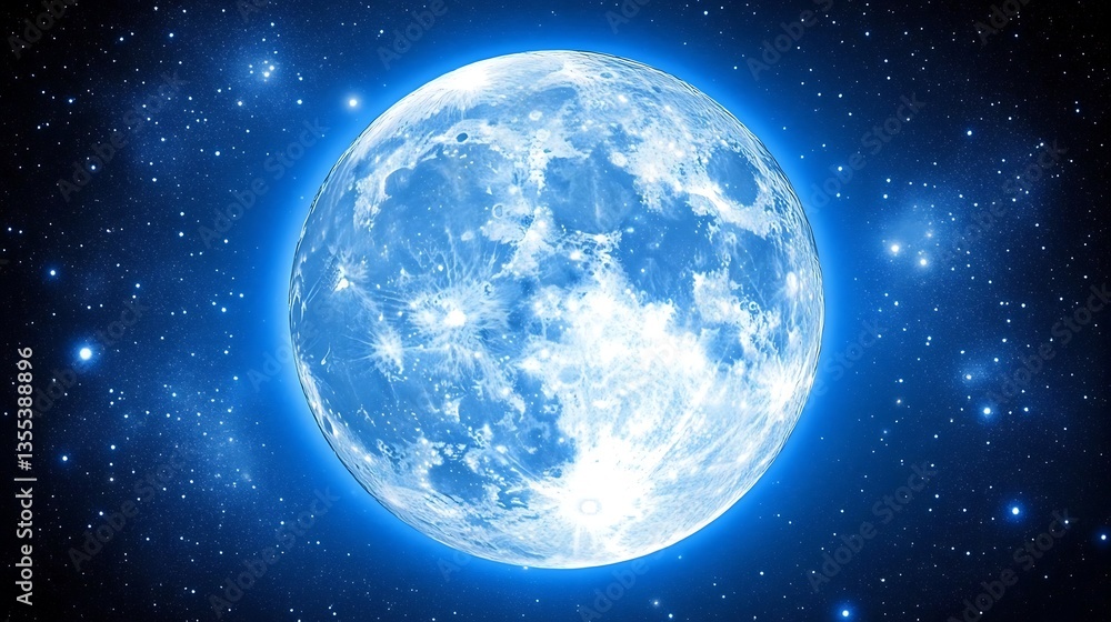 Fototapeta premium A luminous blue full moon is surrounded by numerous small stars