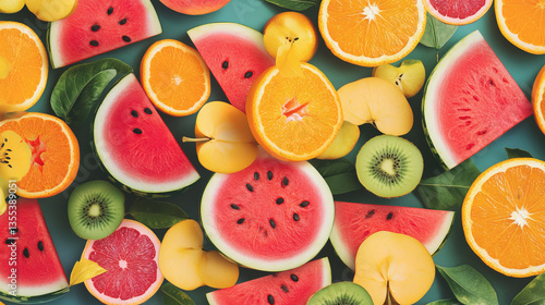 Fruit pattern seamless fruity background and fruitful exotic wallpaper with fresh slices of watermelon orange apples and tropical fruits illustration backdrop set