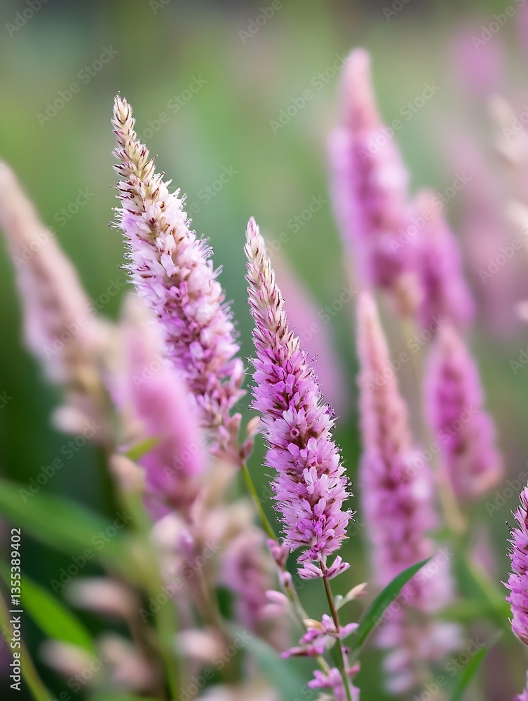 Obraz premium Beautiful Clusters of Pink Flowers in a Lush Green Field Captured in Soft Focus : Generative AI
