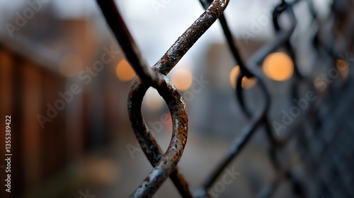 Rusty metal chain link fence creating a blurred urban background with soft bokeh lights : Generative AI