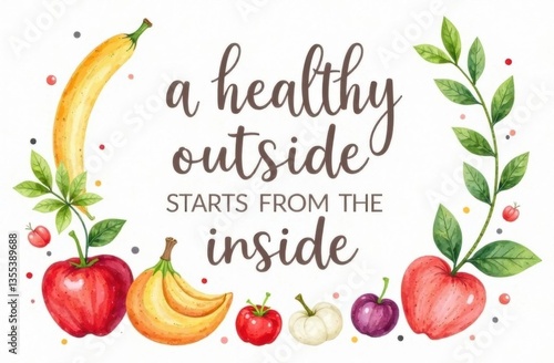 Colorful fruit illustrations with motivational quote on health  