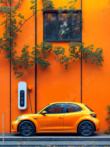 Compact electric city car charging against vibrant orange wall with greenery  .