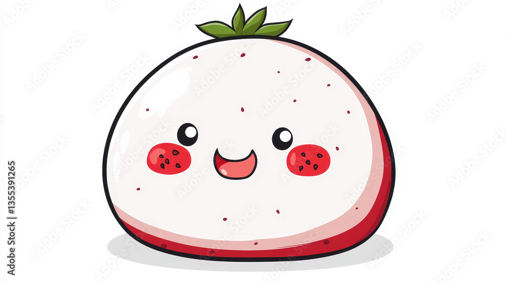 Obraz premium Mochi concept with delicious strawberry icon, asian japanese sweetness foodstuff, dessert sweet food cartoon vector illustration, isolated on white. Pastry confectionery with berry filling.