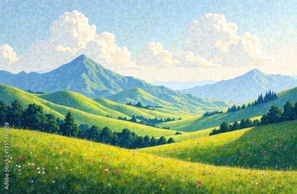 Serene green hills with mountains and blue sky Serene green hills with mountains and blue sky