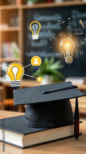 Graduation cap on a book with light bulb graphics, representing education and ideas in a classroom