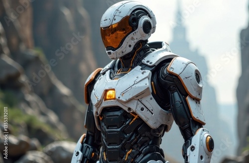 Futuristic robot standing confidently in a rocky landscape  