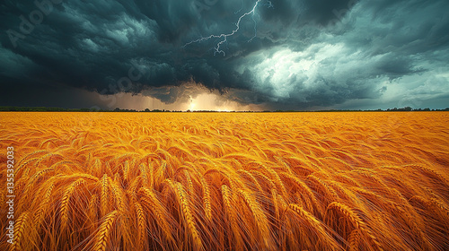 A vast wheat field glows gold under a dramatic sky as lightning flashes across the stormy clouds.