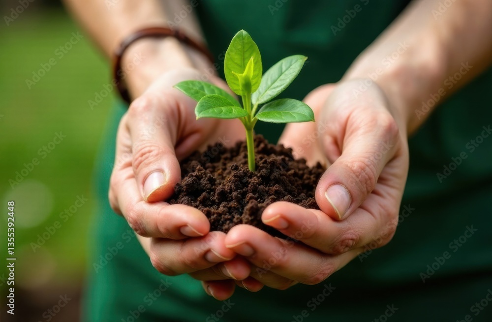 Hands holding a young plant with soil in a garden background Hands holding a young plant with soil in a garden background