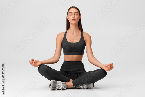 Fitness woman practicing yoga in lotus pose. Female sitting in meditation on the gray background