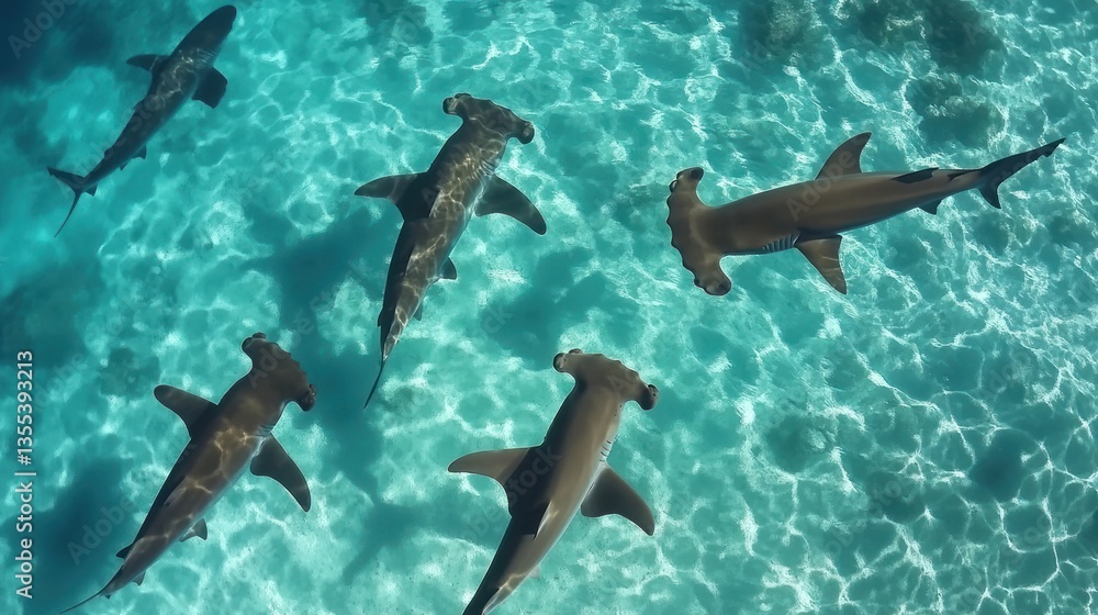 Obraz premium Graceful hammerhead shark ballet under turquoise water, a breathtaking marine life spectacle