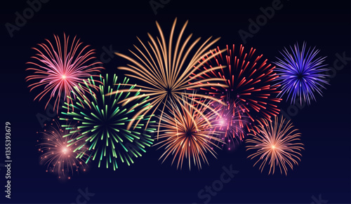 Vector decorative border with colorful exploding fireworks in the sky - celebration card, festival banner