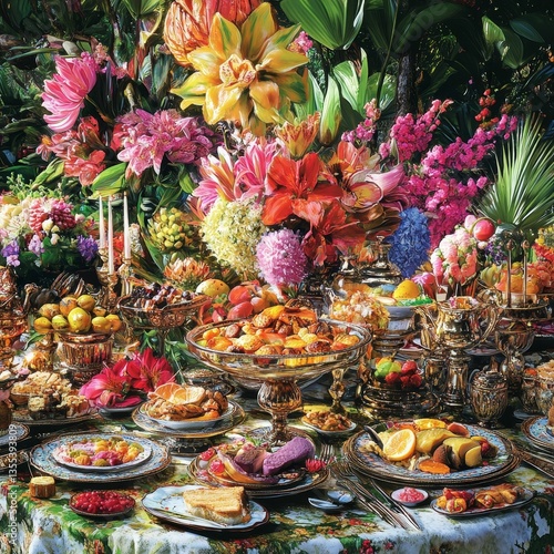 Abundant floral arrangement overflowing with treats.