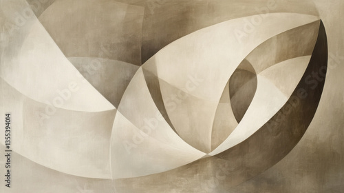 An abstract modern art piece featuring an interplay of smooth, minimalistic geometric forms, clean and structured layout