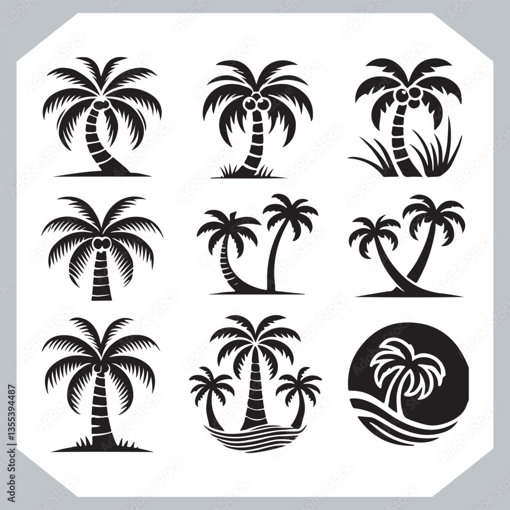Professional Palm Trees Silhouette and Coconut Tree Vector Logos Black Simple Designs