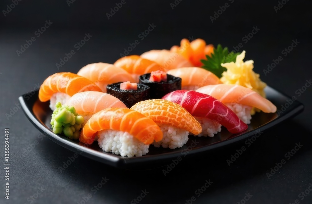 Fresh sushi assortment on a black plate Fresh sushi assortment on a black plate