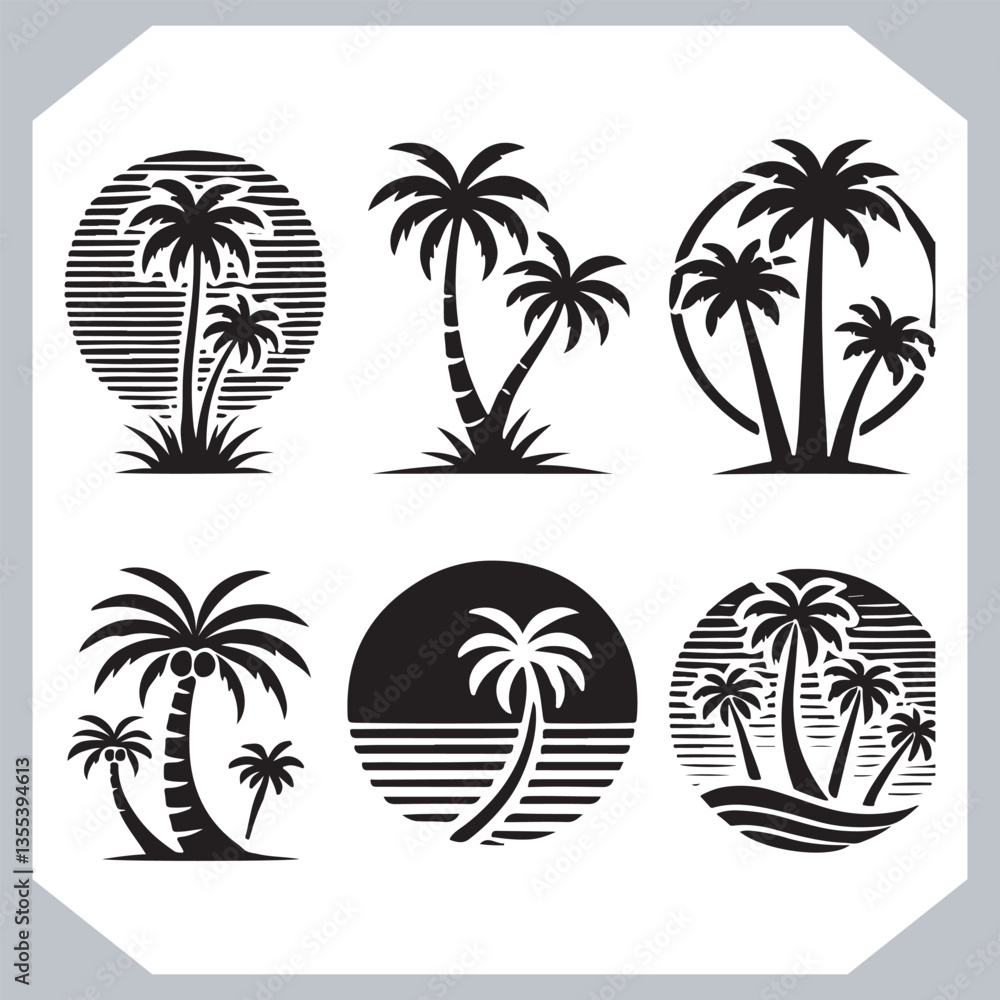 Professional Palm Trees Silhouette and Coconut Tree Vector Logos Black Simple Designs