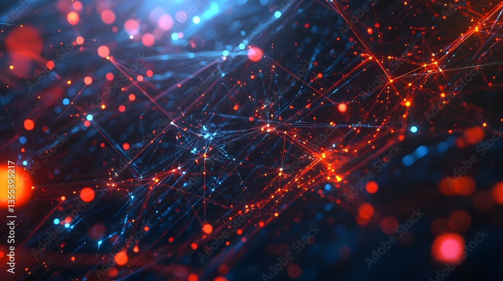 Obraz premium Digital Network: An abstract representation of a complex digital network, with glowing red and blue nodes connected by intricate lines, symbolizing connectivity and data flow.