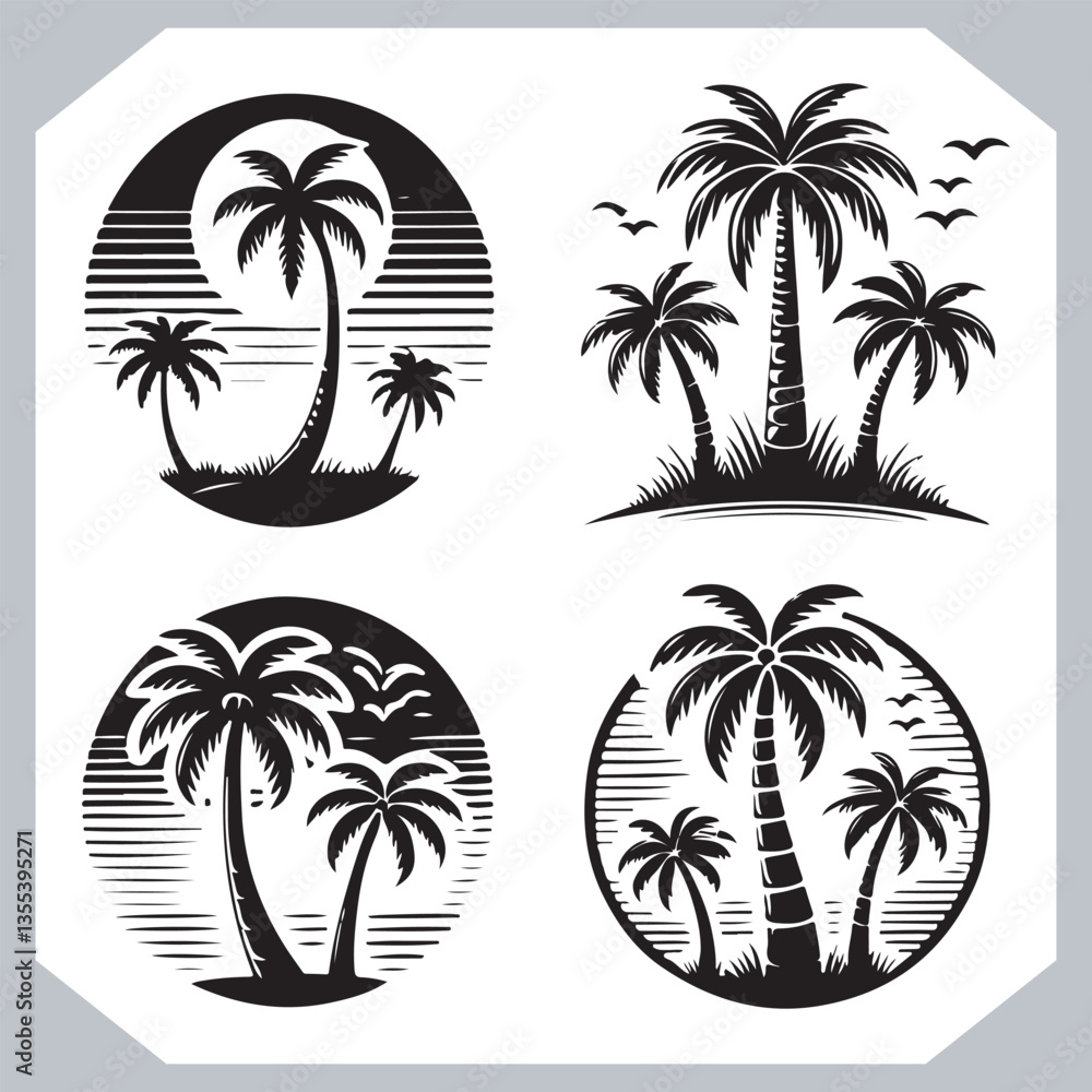Professional Palm Trees Silhouette and Coconut Tree Vector Logos Black Simple Designs