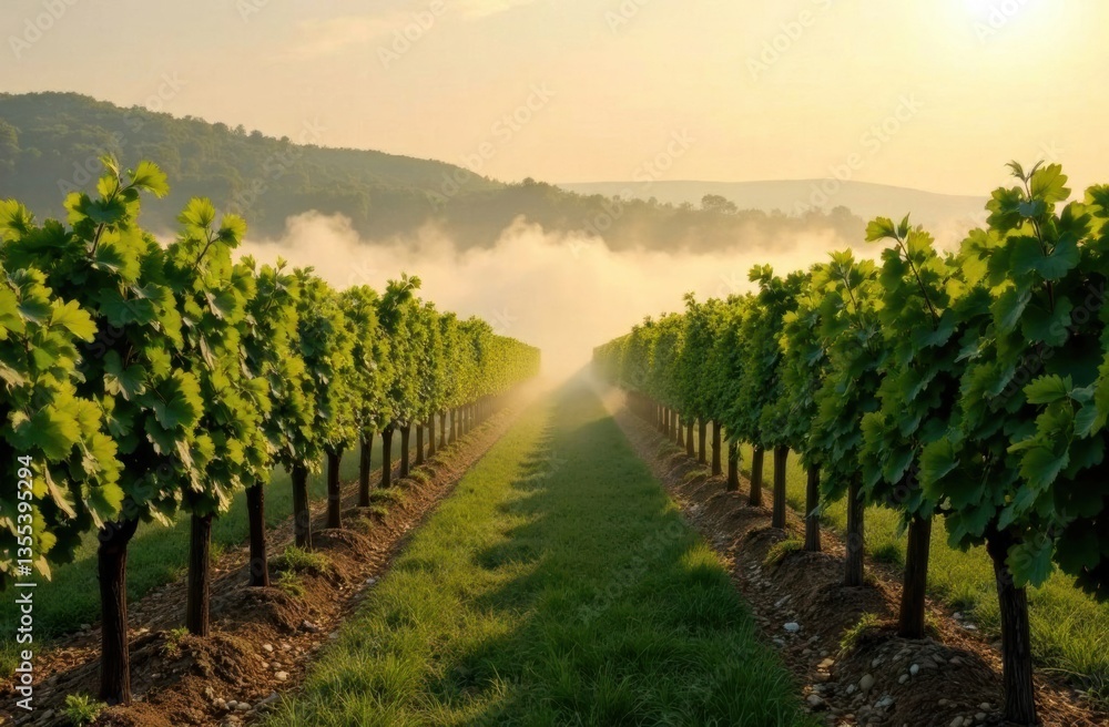 Naklejka premium Vineyard Rows at Sunrise with Misty Mountains in Background 