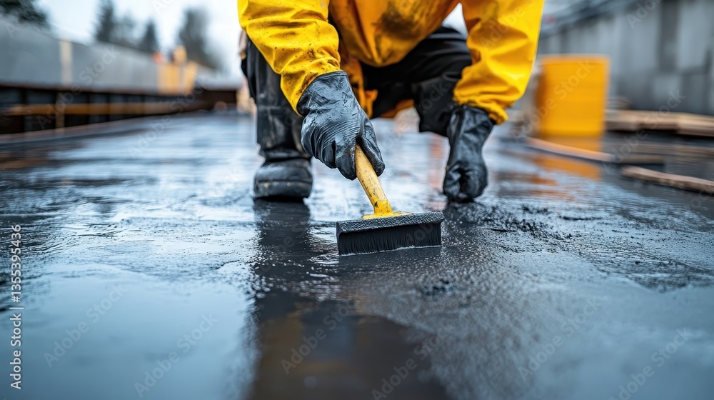 Man brushes asphalt with a yellow-handled brush wearing a yellow jacket. Shows roofing or construction work, symbolizing labor and improvements. Man brushes asphalt with a yellow-handled brush wearing a yellow jacket. Shows roofing or construction work, symbolizing labor and improvements.