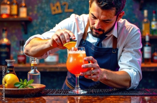 Wallpaper Mural Bartender preparing a colorful cocktail with lemon garnish   Torontodigital.ca